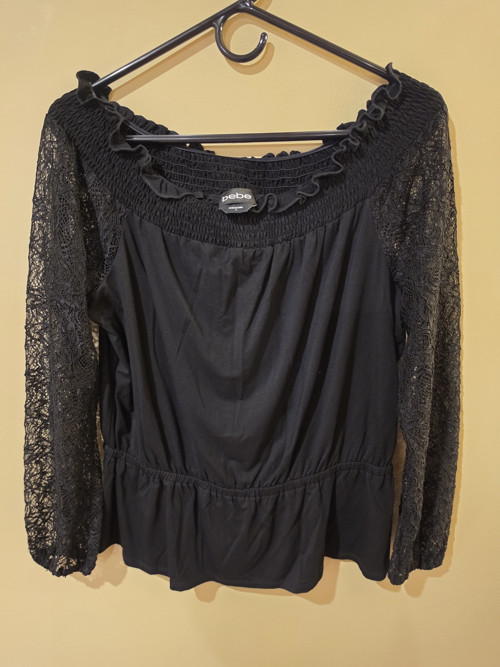 bebe Black Lace-Sleeve Smocked Neck Peplum Top